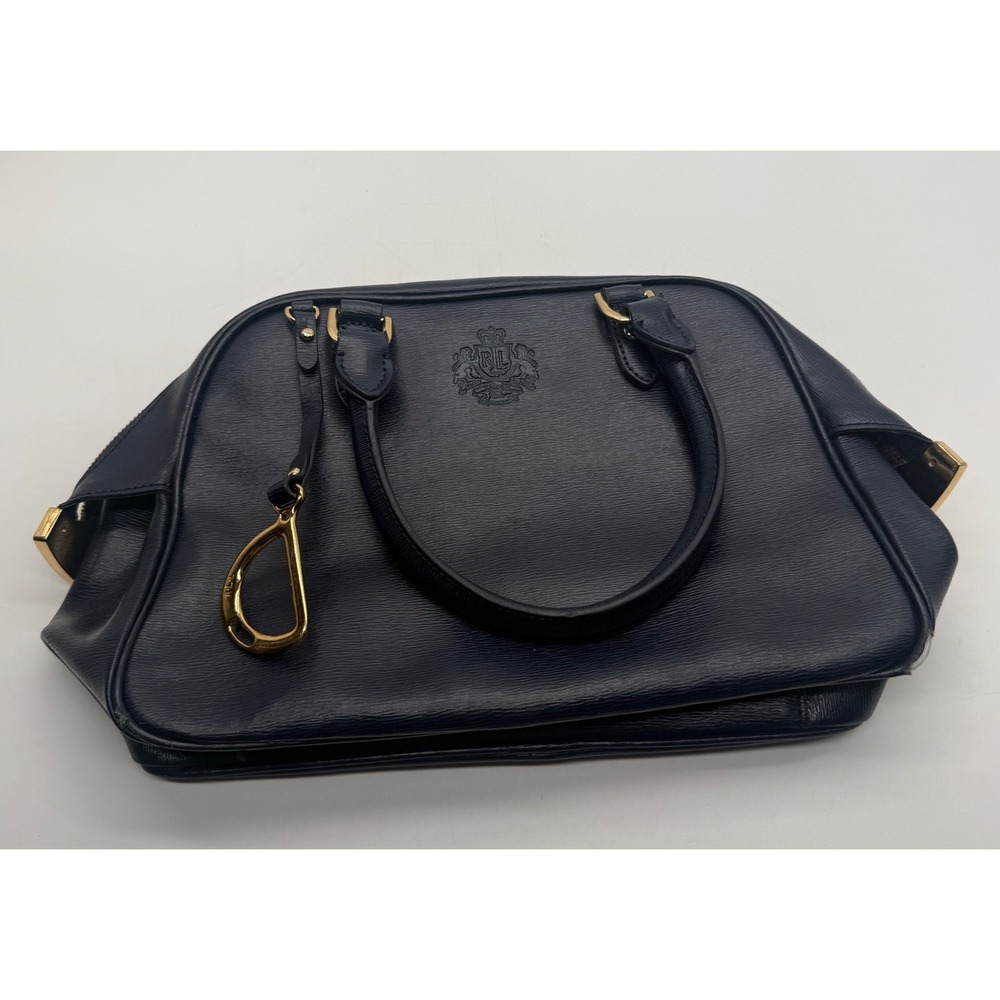 Lauren Ralph Lauren Navy Blue Leather Crest Satchel Handbag Gold Hardware